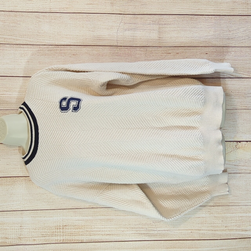 Vintage Ivory & Navy Blue Trim Textured Varsity S Letter Sweater  Preppy